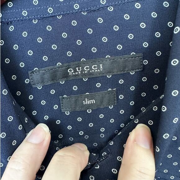 Gucci Silk Shirt Blue w/ Tile design size IT 50 Slim fit Button front - Picture 2 of 11